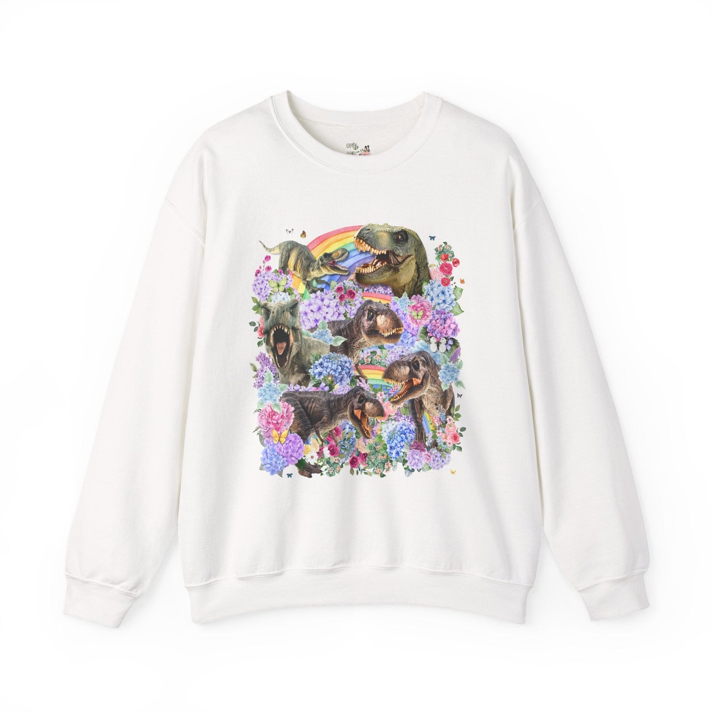 Floral Dinosaur Lover Sweatshirt with Rainbows and Hydrangea Flowers