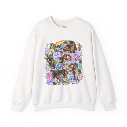 Floral Dinosaur Lover Sweatshirt with Rainbows and Hydrangea Flowers