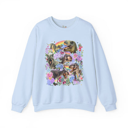 Floral Dinosaur Lover Sweatshirt with Rainbows and Hydrangea Flowers