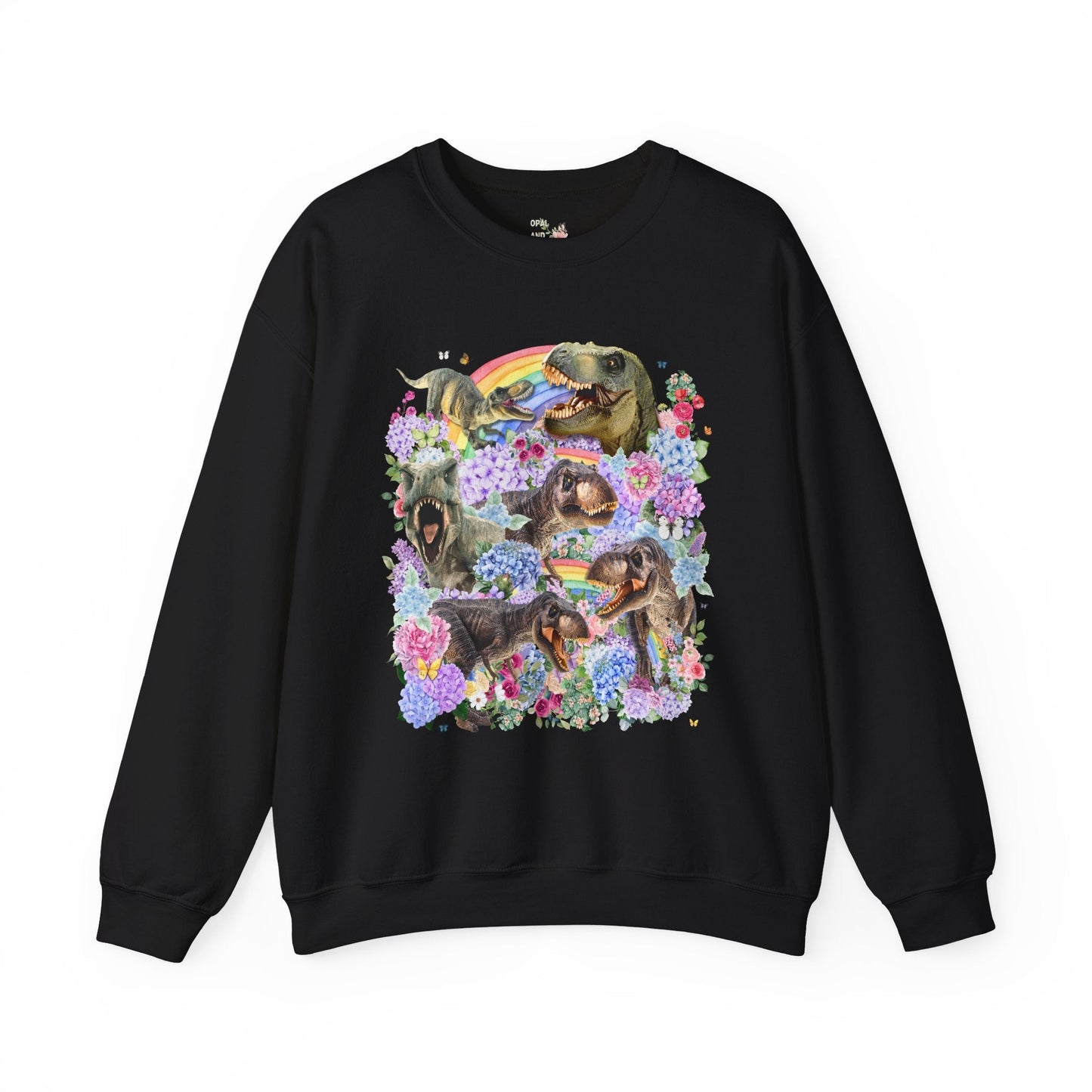 Floral Dinosaur Lover Sweatshirt with Rainbows and Hydrangea Flowers