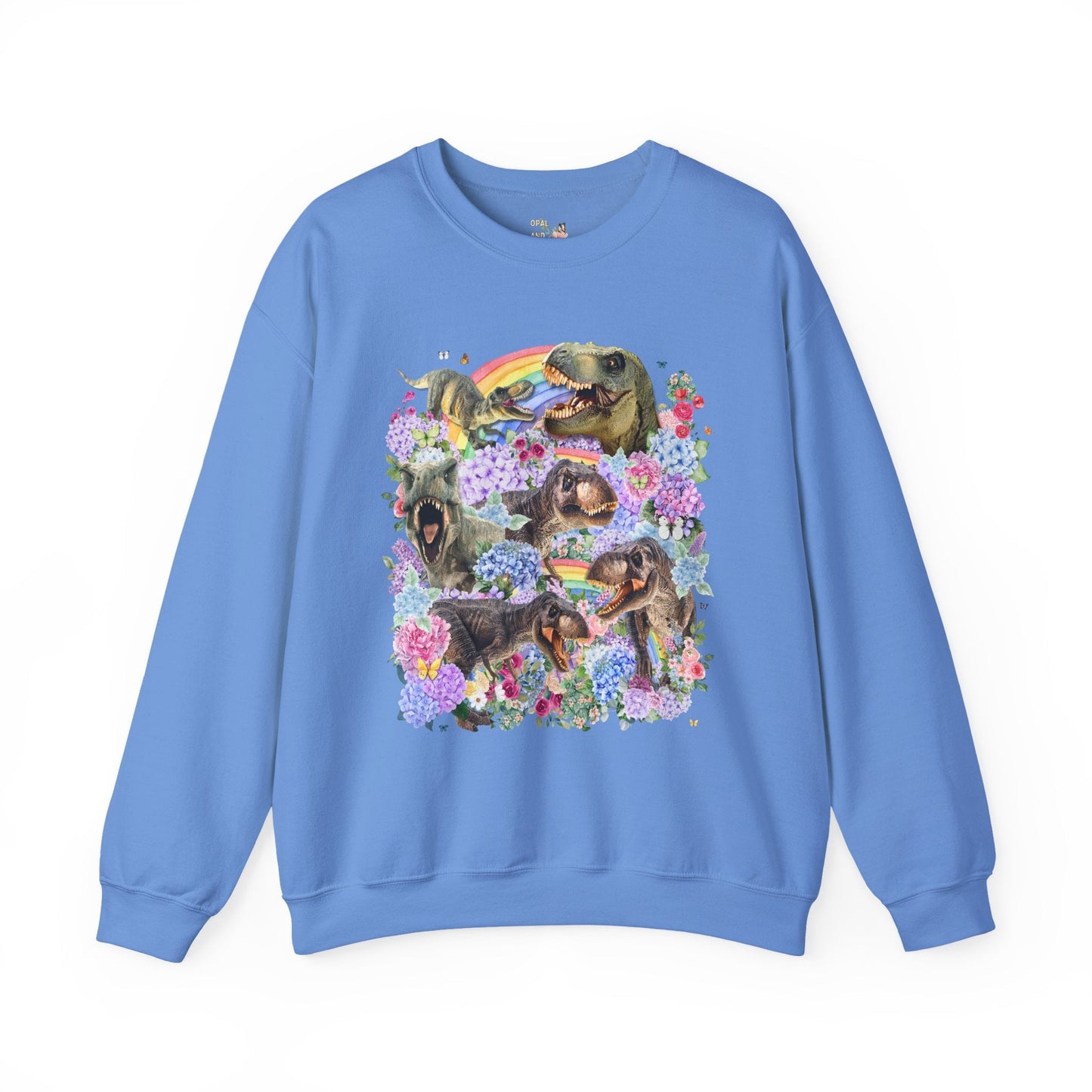 Floral Dinosaur Lover Sweatshirt with Rainbows and Hydrangea Flowers
