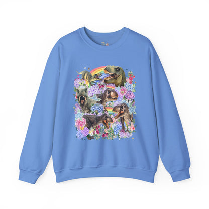 Floral Dinosaur Lover Sweatshirt with Rainbows and Hydrangea Flowers