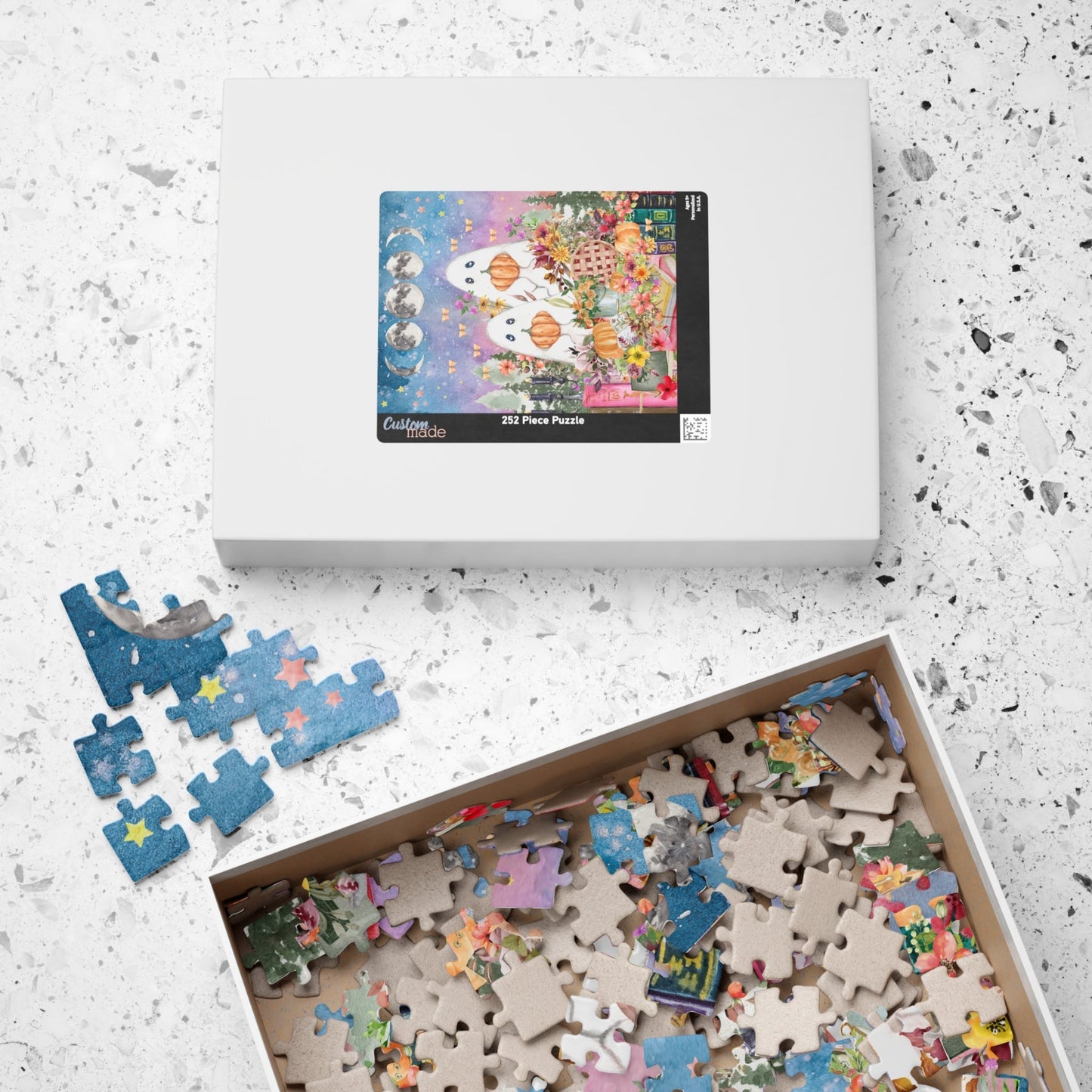 Floral Ghost Halloween Puzzle with Cute Ghosts Holding Pumpkins