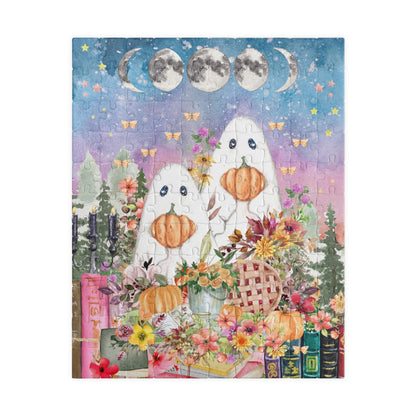 Floral Ghost Halloween Puzzle with Cute Ghosts Holding Pumpkins