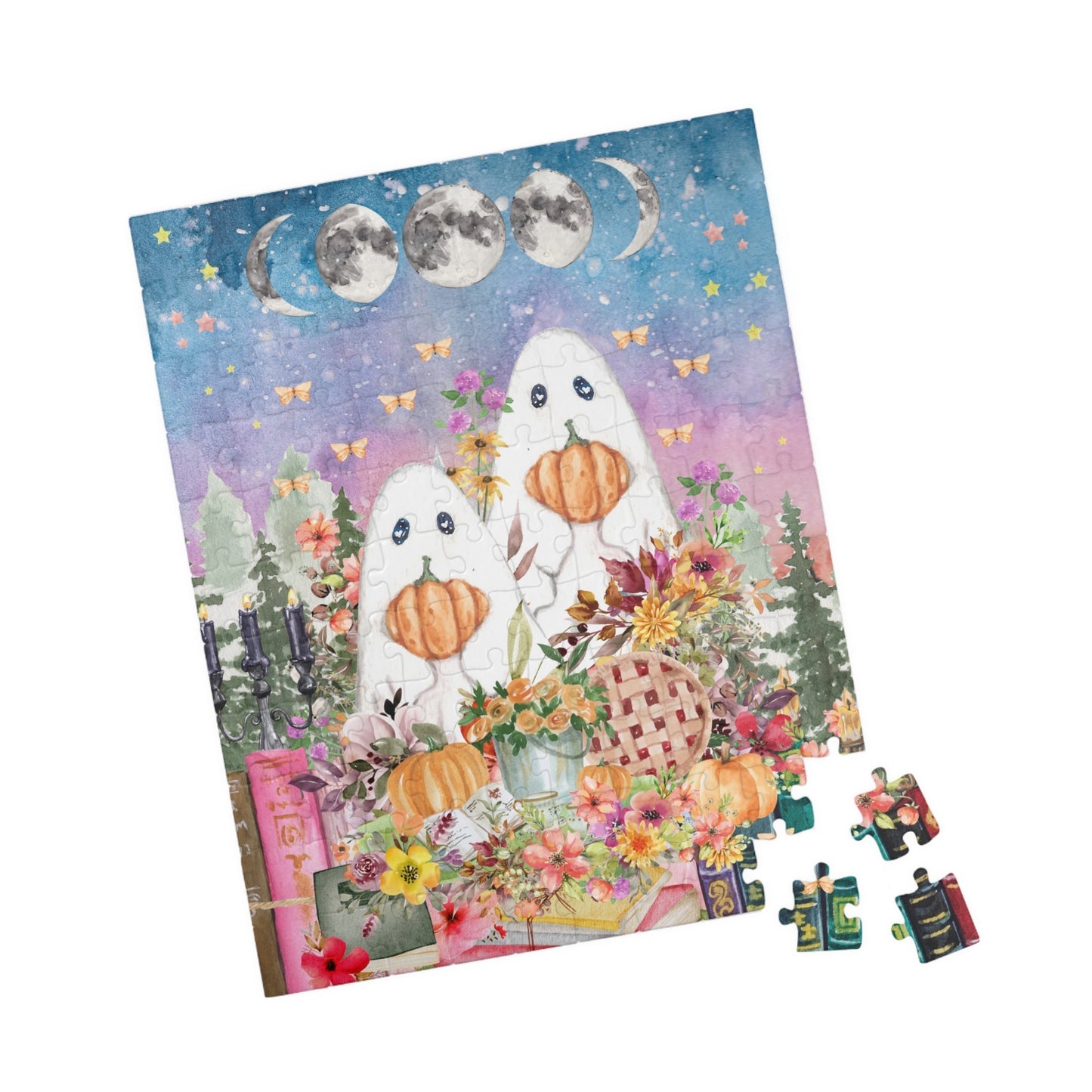 Floral Ghost Halloween Puzzle with Cute Ghosts Holding Pumpkins