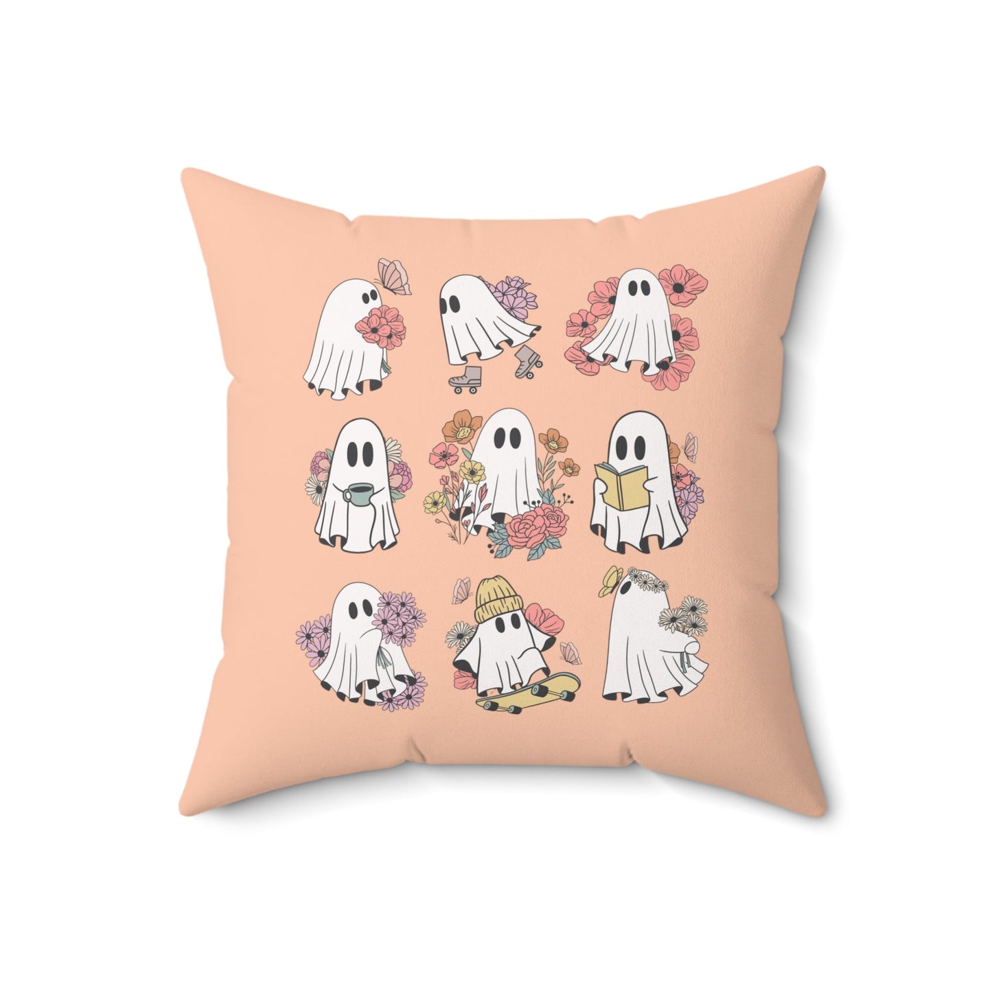 Floral Ghost Pillow for Halloween: Pastel Goth Groovy Ghost with Flowers and Boho Butterflies