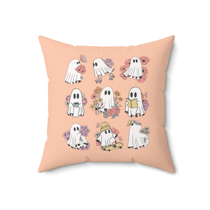 Floral Ghost Pillow for Halloween: Pastel Goth Groovy Ghost with Flowers and Boho Butterflies