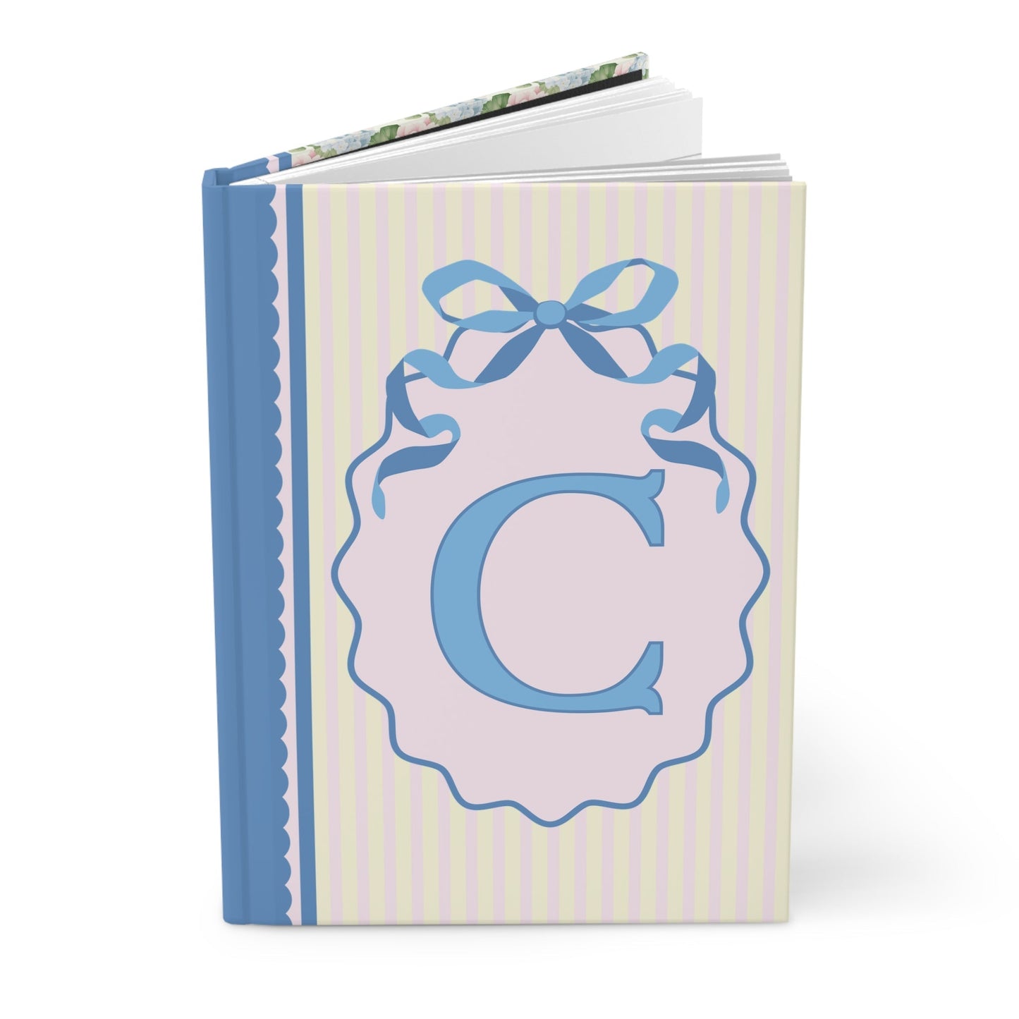 Floral Initial Notebook with Blue Ribbon and Yellow Stripes: C