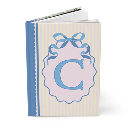 Floral Initial Notebook with Blue Ribbon and Yellow Stripes: C