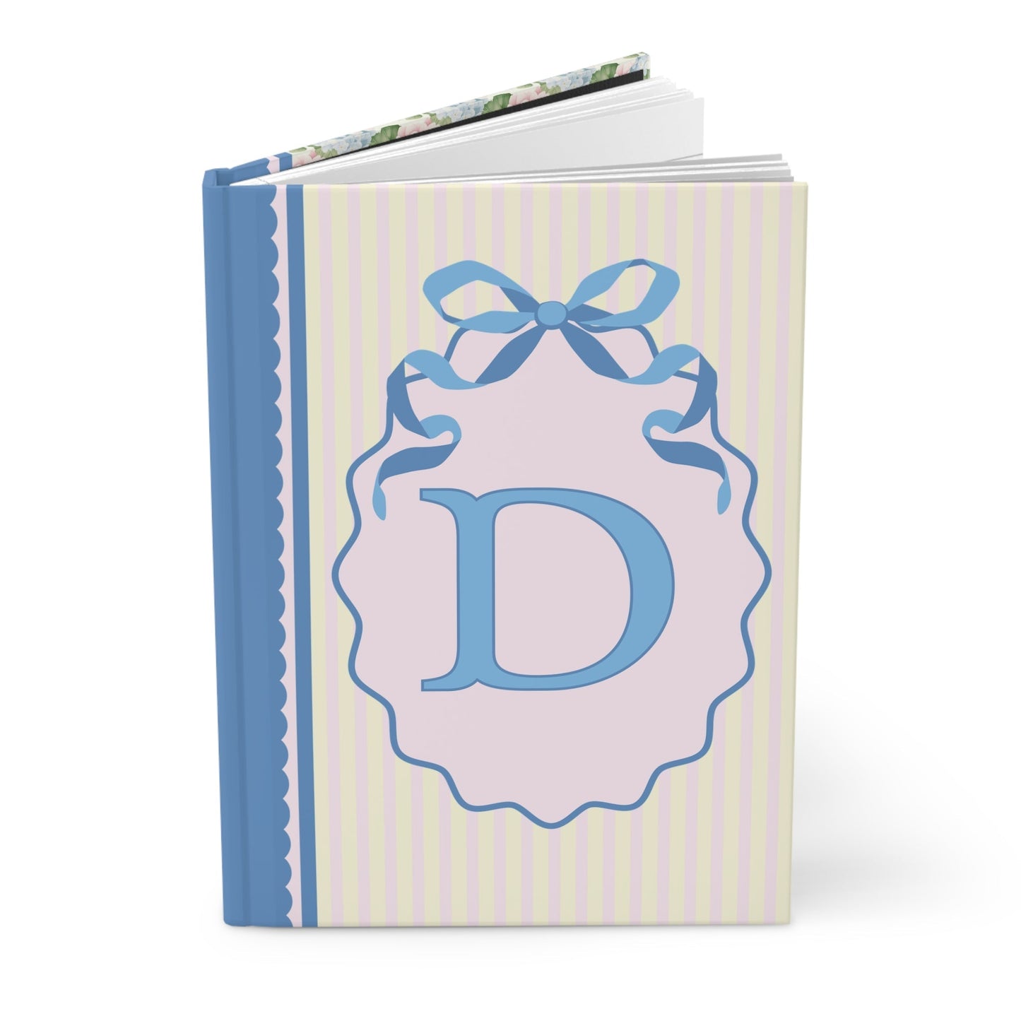 Floral Initial Notebook with Blue Ribbon and Yellow Stripes: D