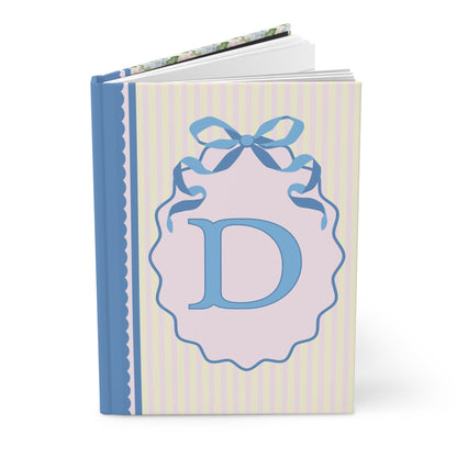 Floral Initial Notebook with Blue Ribbon and Yellow Stripes: D