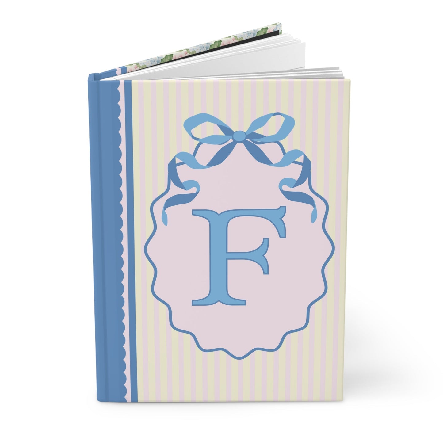 Floral Initial Notebook with Blue Ribbon and Yellow Stripes: F