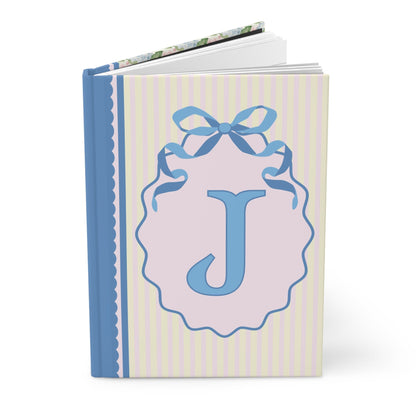 Floral Initial Notebook with Blue Ribbon and Yellow Stripes: J