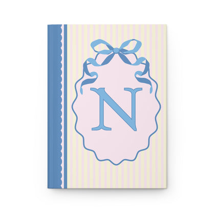 Floral Initial Notebook with Blue Ribbon and Yellow Stripes: N