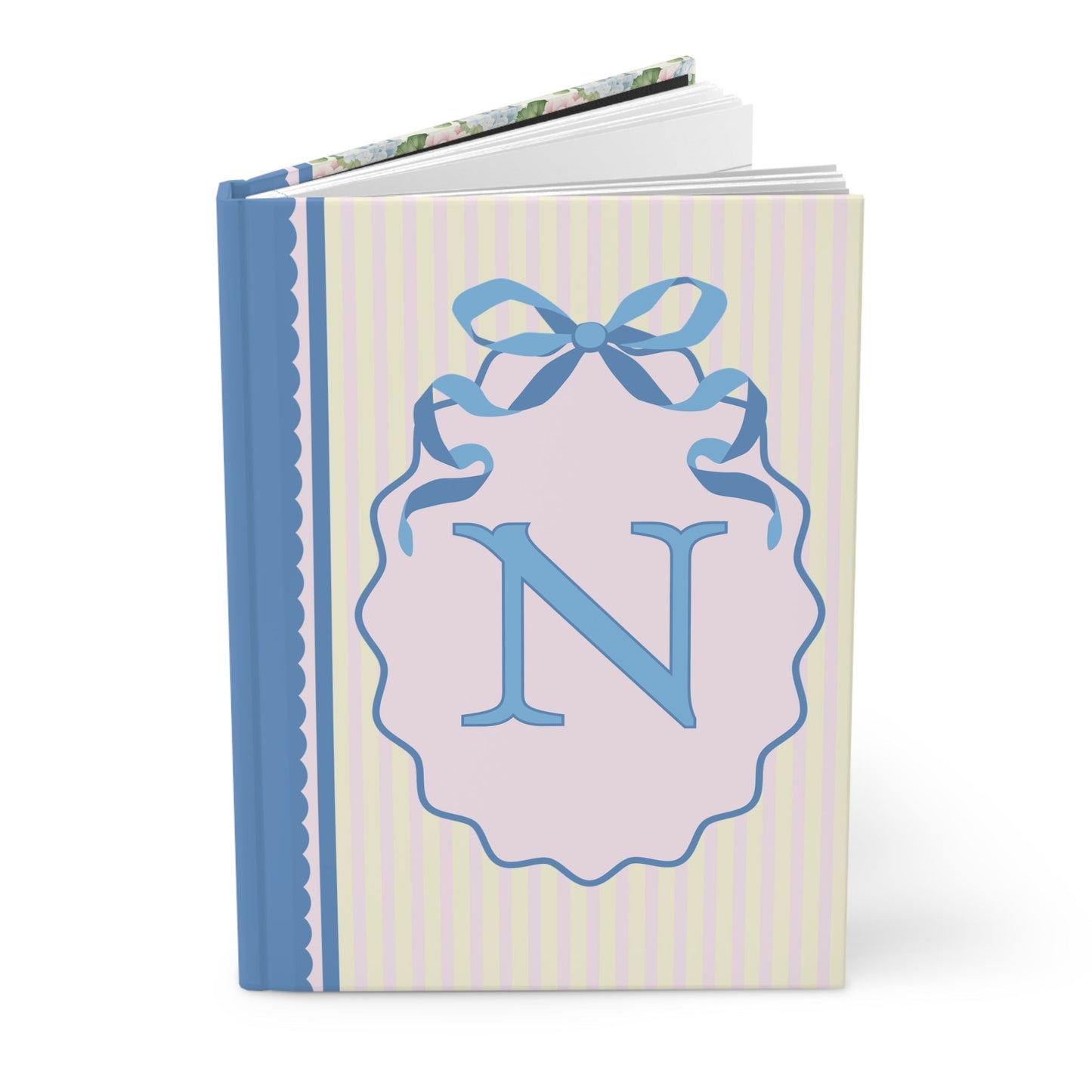 Floral Initial Notebook with Blue Ribbon and Yellow Stripes: N