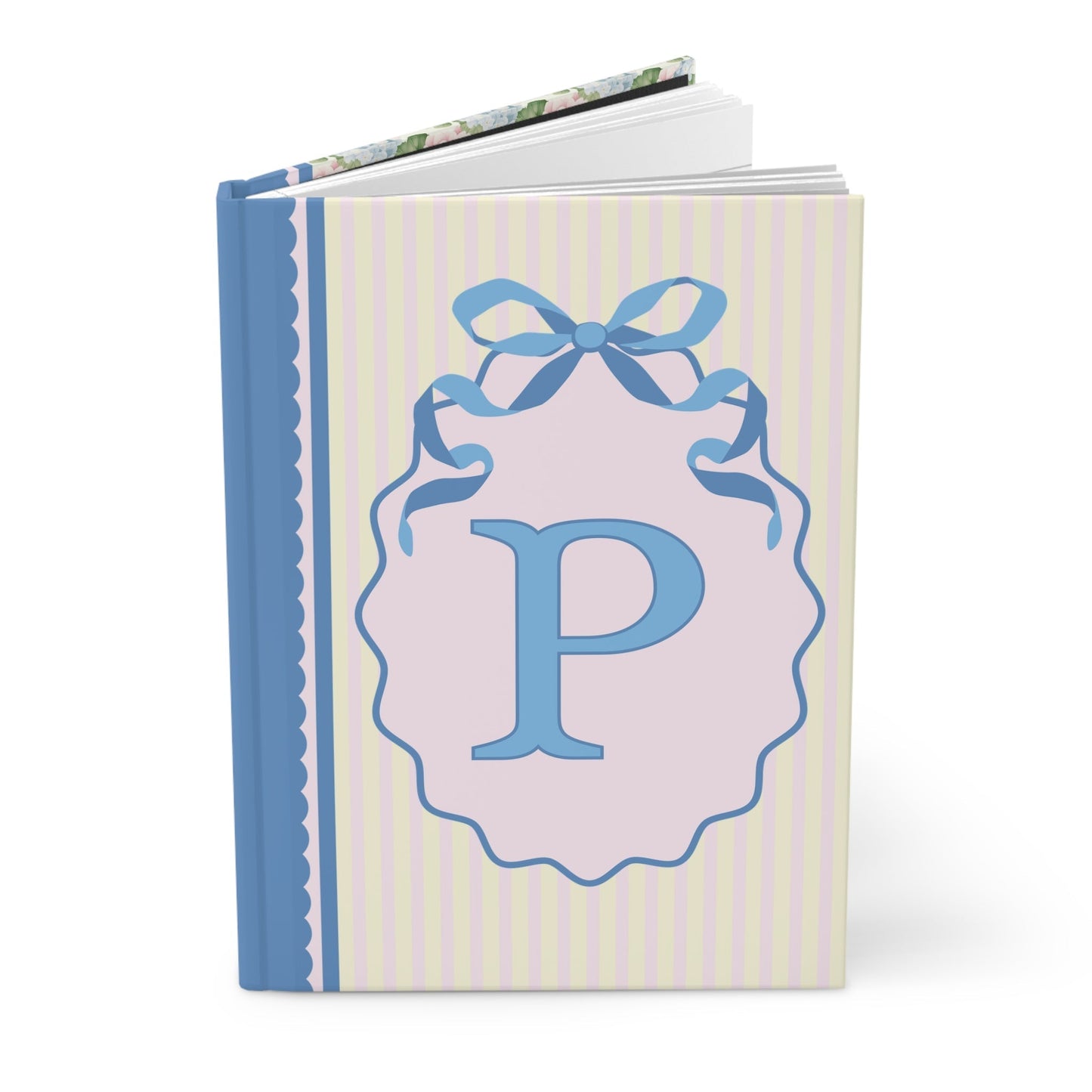 Floral Initial Notebook with Butterflies and Ribbon, Pastel Striped Hardcover Notebook with Flowers: P