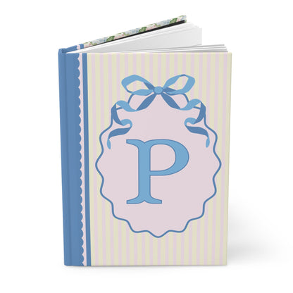 Floral Initial Notebook with Butterflies and Ribbon, Pastel Striped Hardcover Notebook with Flowers: P