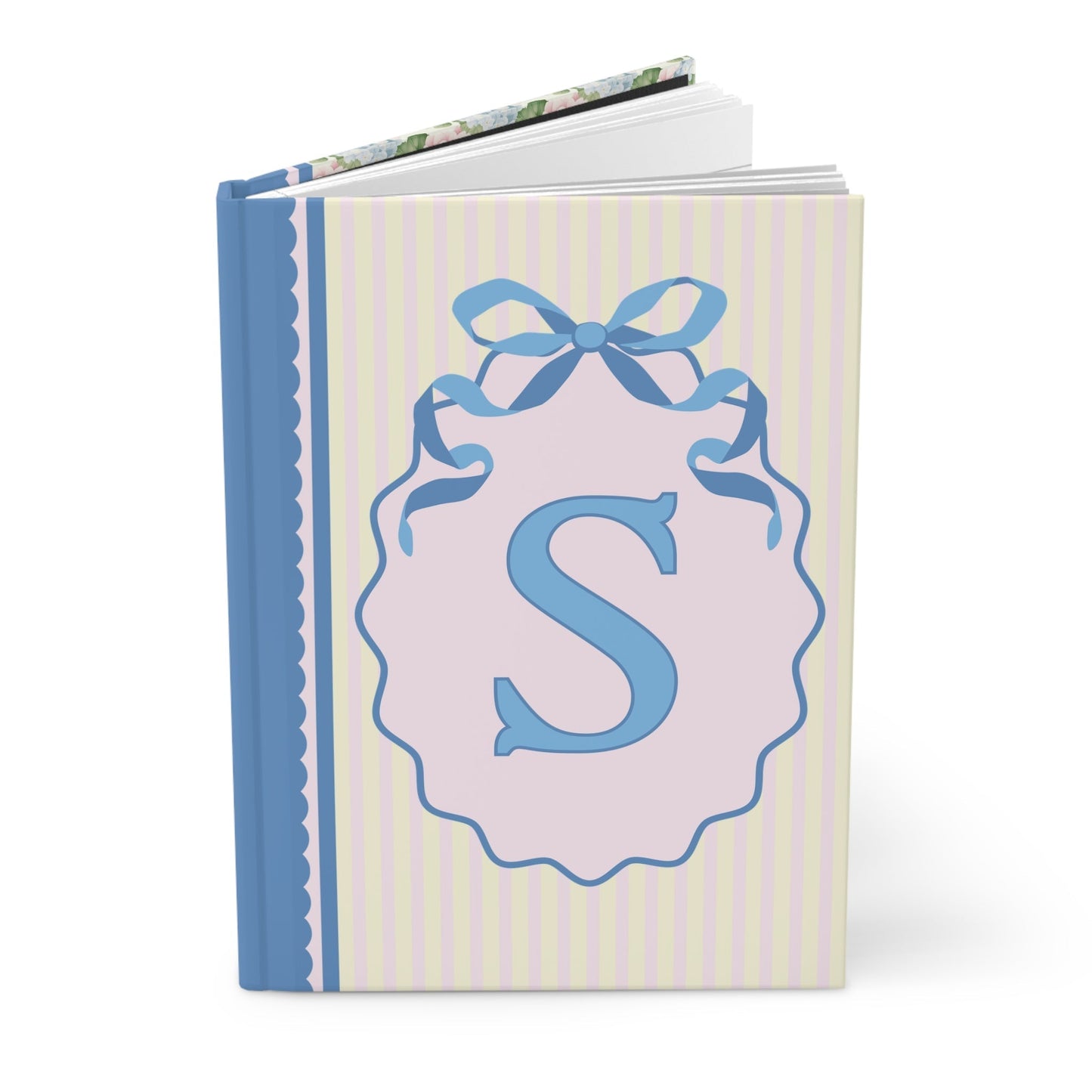 Floral Initial Notebook with Blue Ribbon and Yellow Stripes: S