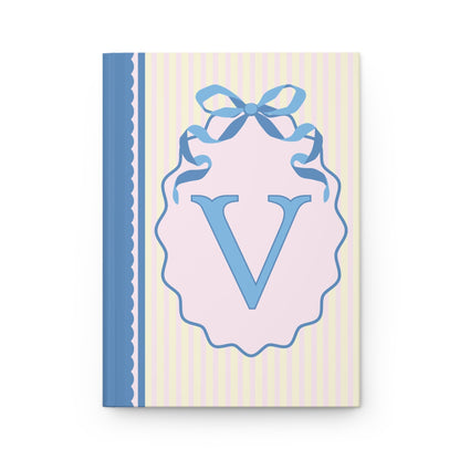 Floral Initial Notebook with Blue Ribbon and Yellow Stripes: V