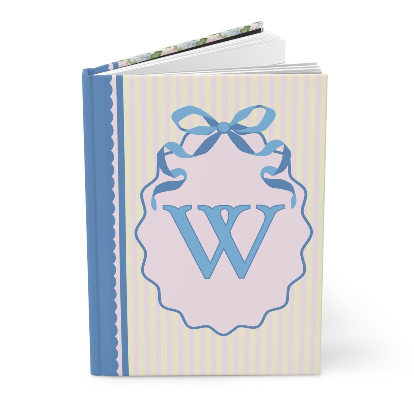 Floral Initial Notebook with Blue Ribbon and Yellow Stripes: W