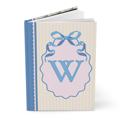 Floral Initial Notebook with Blue Ribbon and Yellow Stripes: W