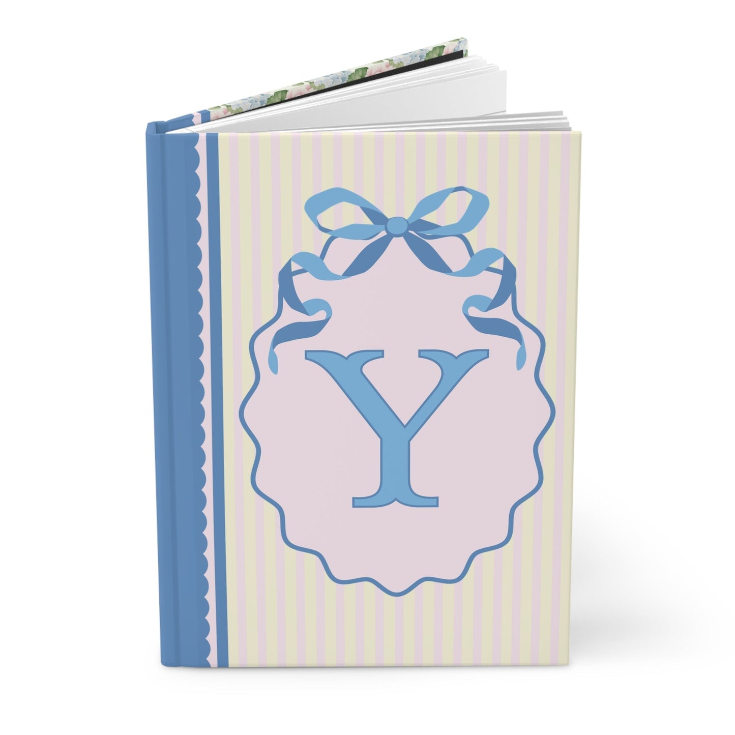 Floral Initial Notebook with Blue Ribbon and Yellow Stripes: Y