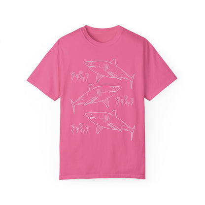 Floral Shark Tee Shirt with Line Drawing