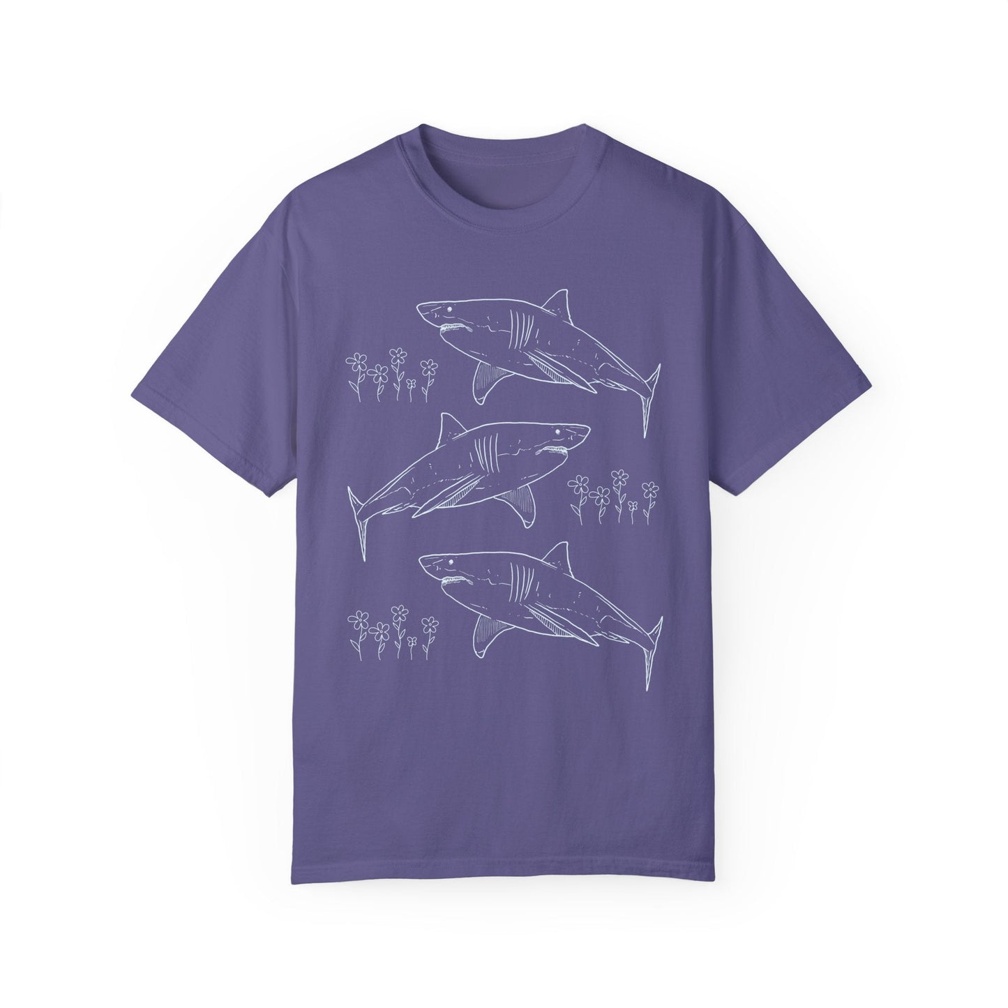 Floral Shark Tee Shirt with Line Drawing
