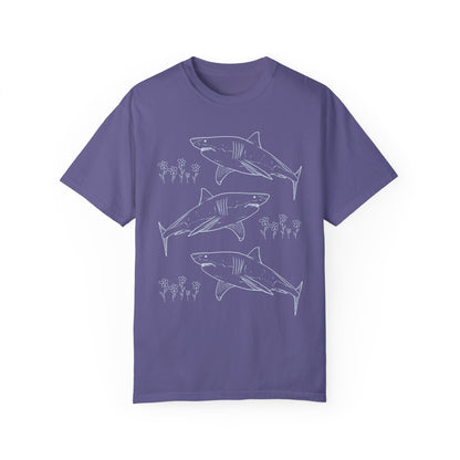 Floral Shark Tee Shirt with Line Drawing