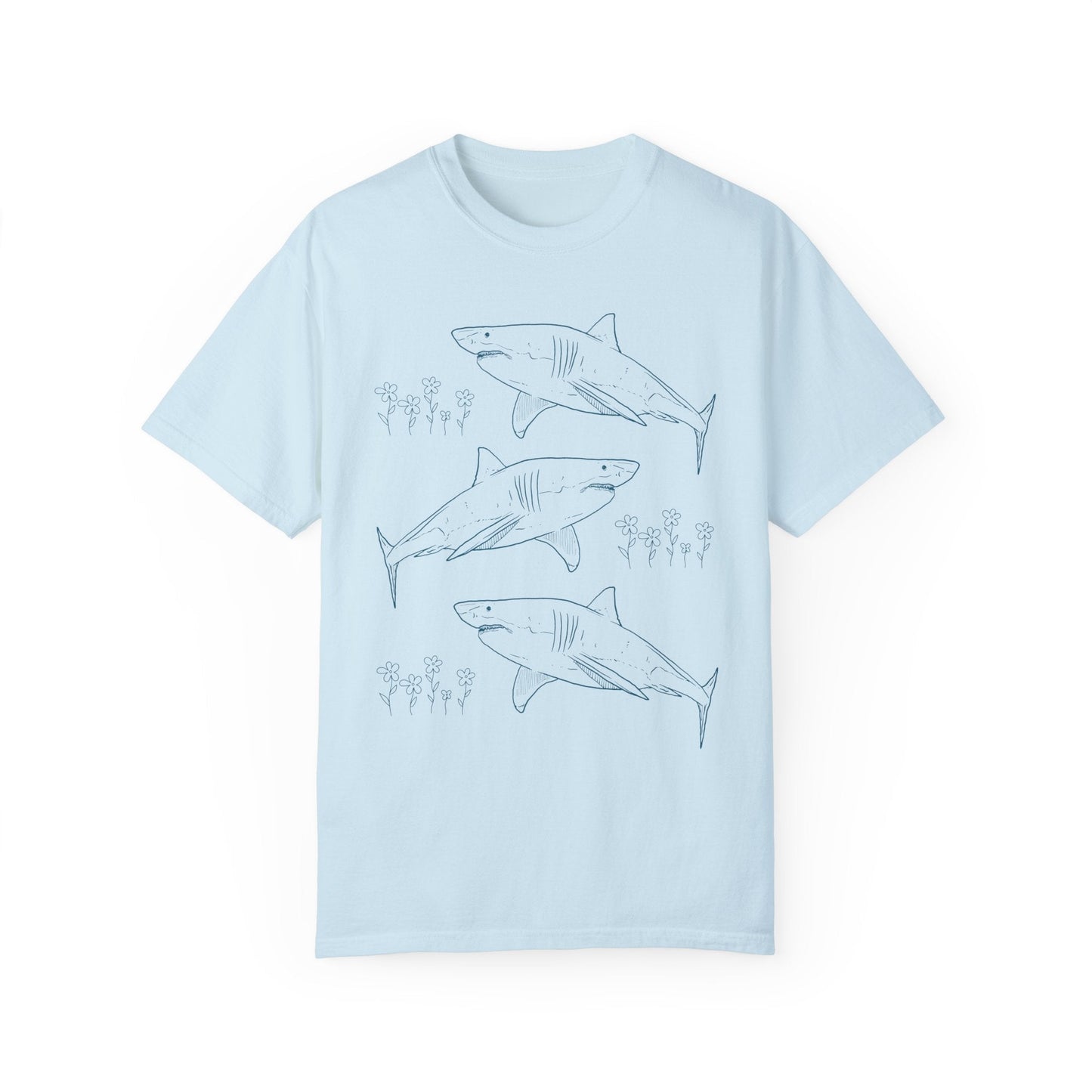Floral Shark Tee Shirt with Line Drawing