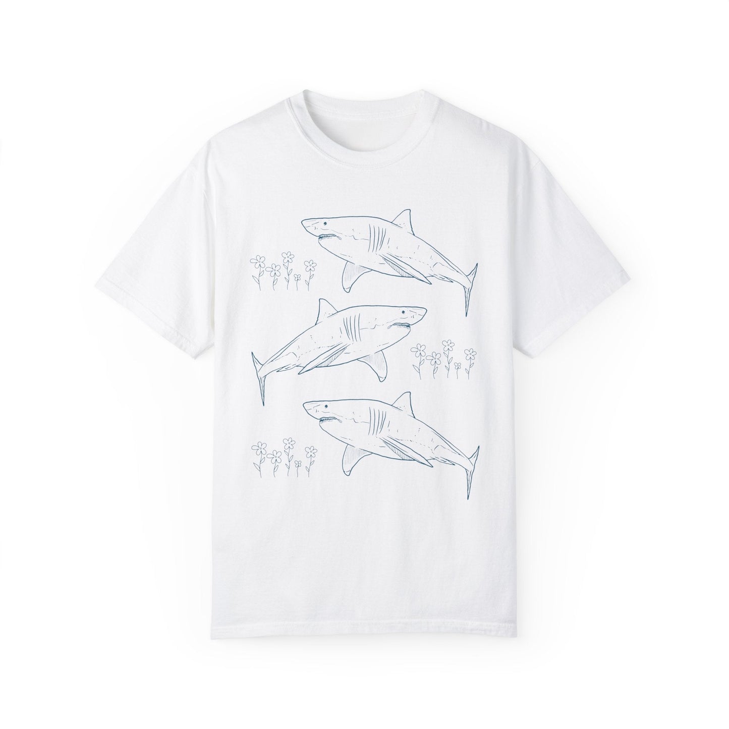 Floral Shark Tee Shirt with Line Drawing