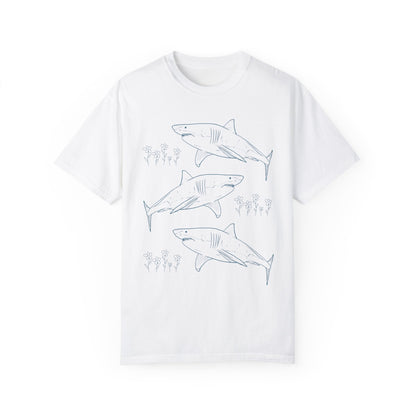 Floral Shark Tee Shirt with Line Drawing