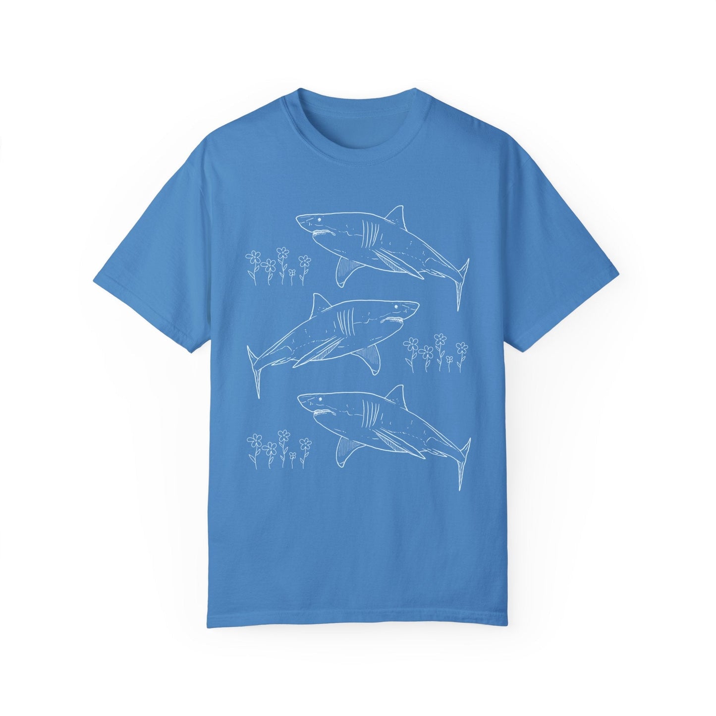 Floral Shark Tee Shirt with Line Drawing