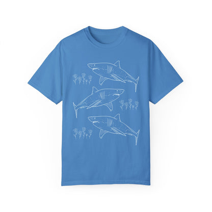 Floral Shark Tee Shirt with Line Drawing