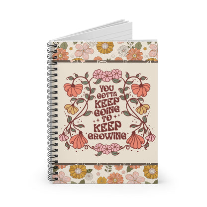 Floral Spiral Notebook with 70s Retro Aesthetic: Keep Going Keep Growing