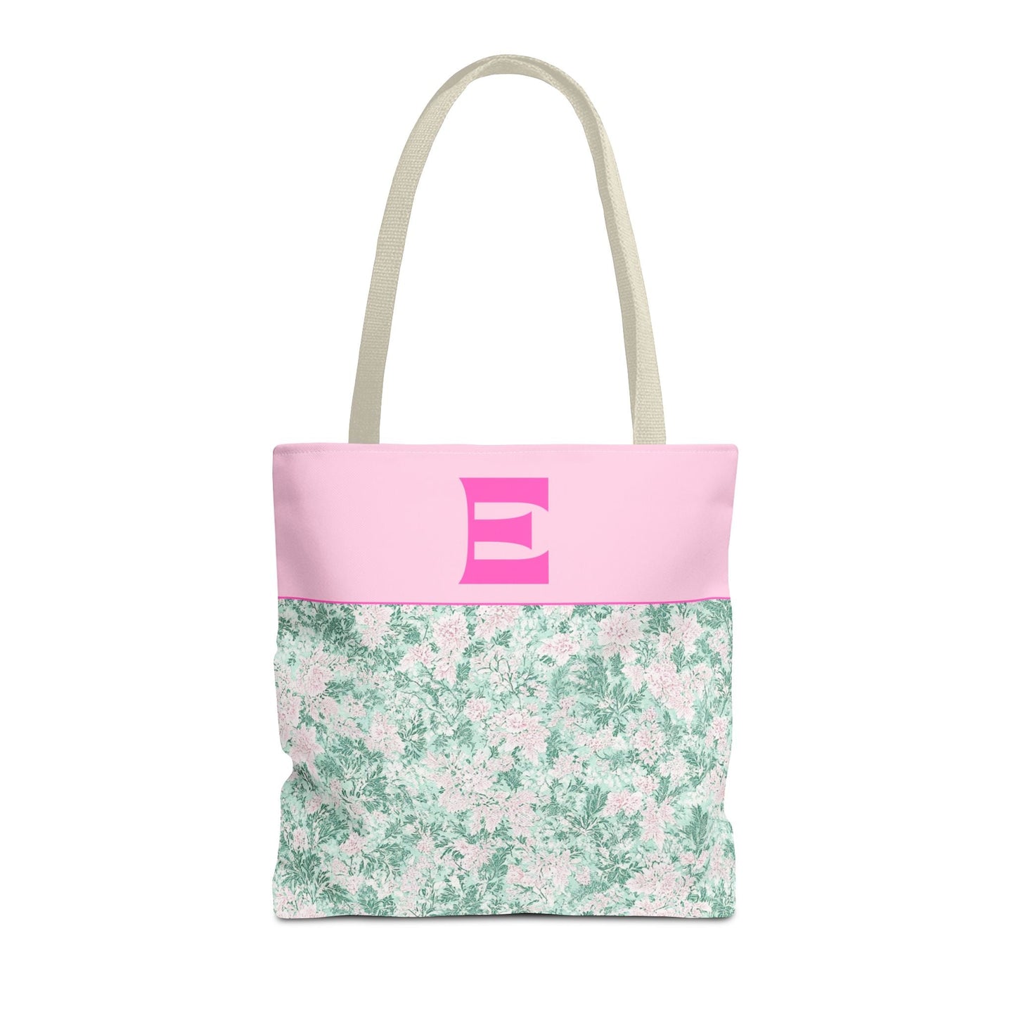 Floral Vintage Aesthetic Tote Bag with Initial for Sister or Bachelorette Party, Cute Mint and Pink Bag for Trip to Beach, Bag for Dance: E