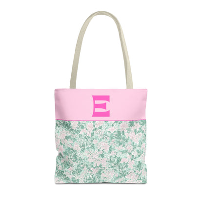 Floral Vintage Aesthetic Tote Bag with Initial for Sister or Bachelorette Party, Cute Mint and Pink Bag for Trip to Beach, Bag for Dance: E