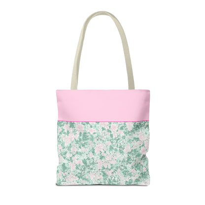 Floral Vintage Aesthetic Tote Bag with Initial for Sister or Bachelorette Party, Cute Mint and Pink Bag for Trip to Beach, Bag for Dance: E