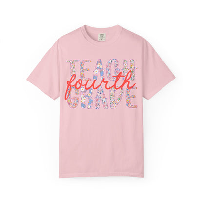 Fourth Grade Teacher Tee Shirt with Flowers