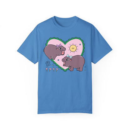 Funny Baby Hippo T-Shirt with Retro Hearts