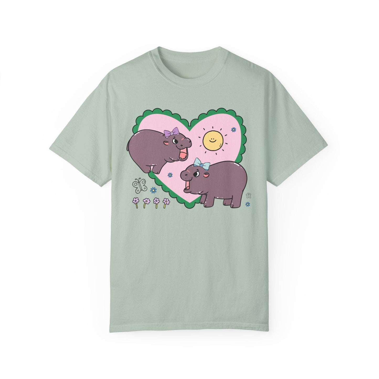 Funny Baby Hippo T-Shirt with Retro Hearts