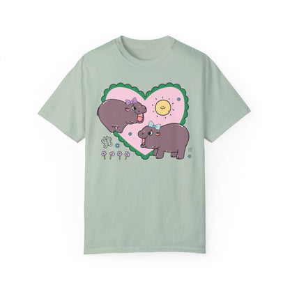 Funny Baby Hippo T-Shirt with Retro Hearts