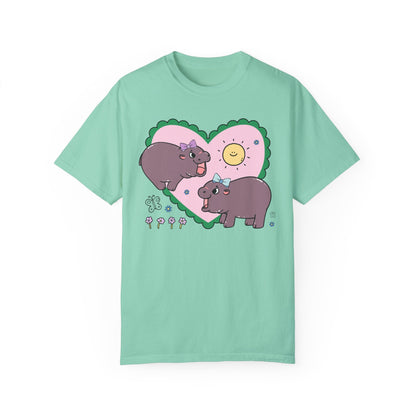 Funny Baby Hippo T-Shirt with Retro Hearts