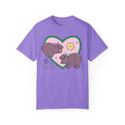 Funny Baby Hippo T-Shirt with Retro Hearts