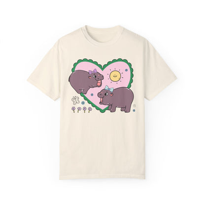 Funny Baby Hippo T-Shirt with Retro Hearts