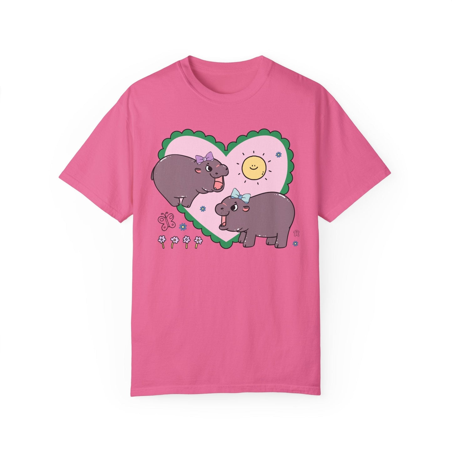 Funny Baby Hippo T-Shirt with Retro Hearts
