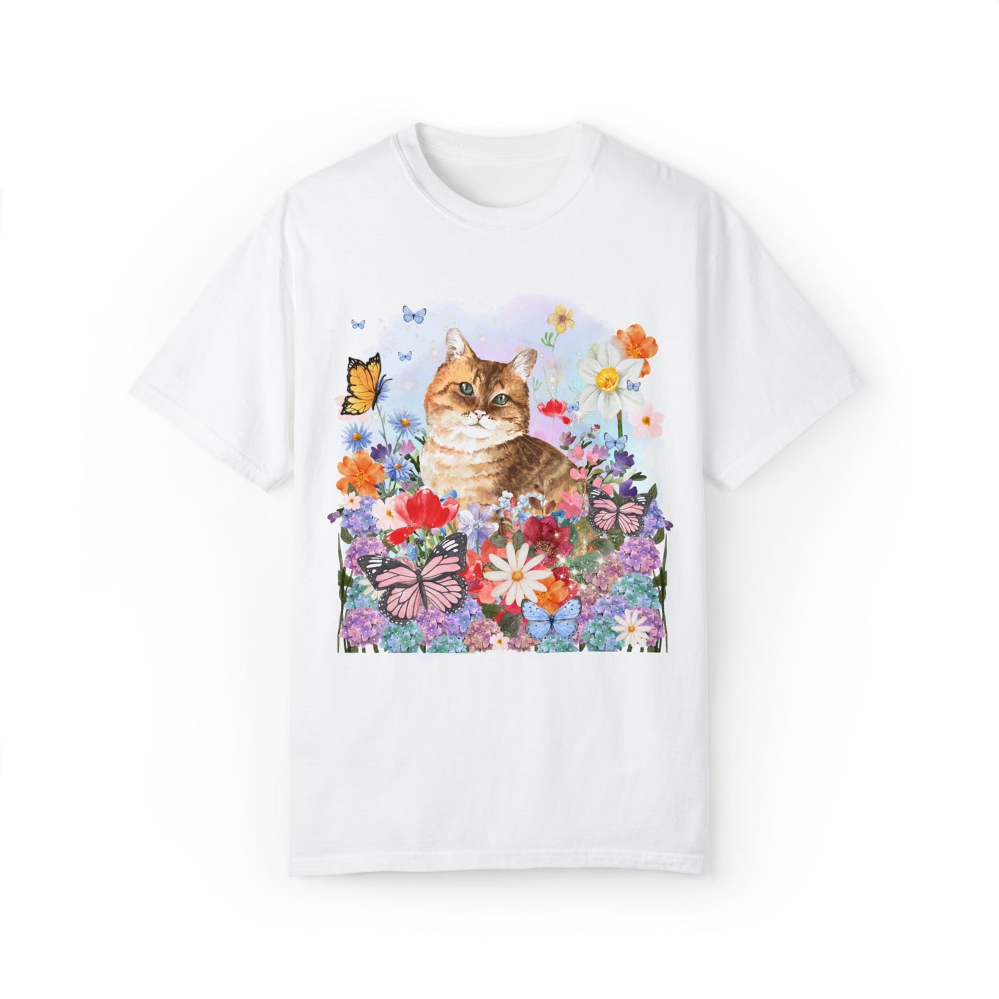 Watercolor Cat with Butterflies Tee