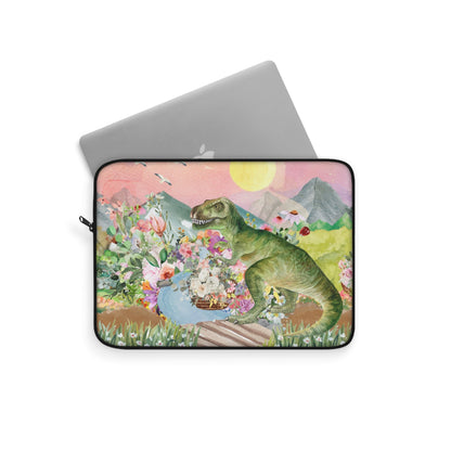 Funny Dinosaur Laptop Sleeve for Science Major or Paleontology Professor: T-Rex Holding Flowers