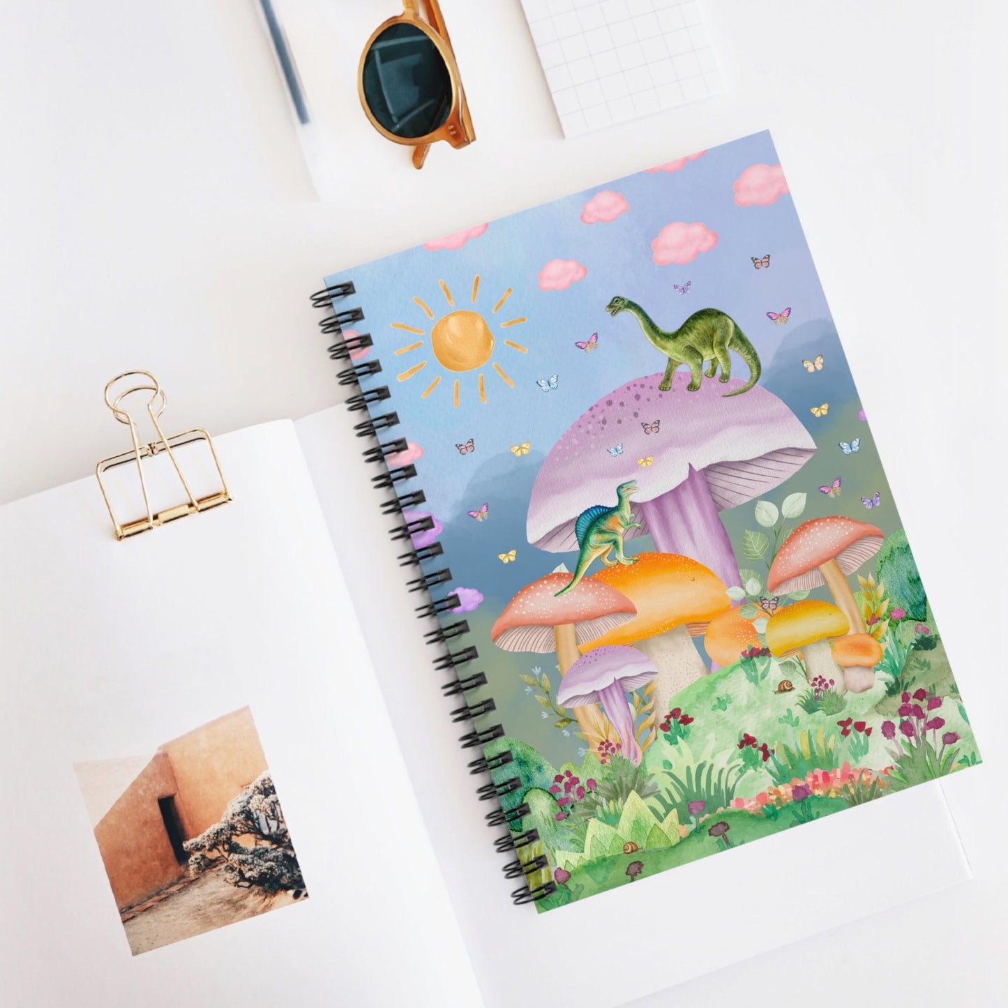 Funny Dinosaur Notebook with Mushrooms: Spiral Notebook with Lined Pages