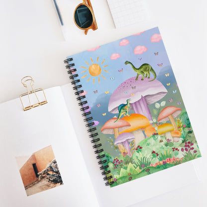 Funny Dinosaur Notebook with Mushrooms: Spiral Notebook with Lined Pages